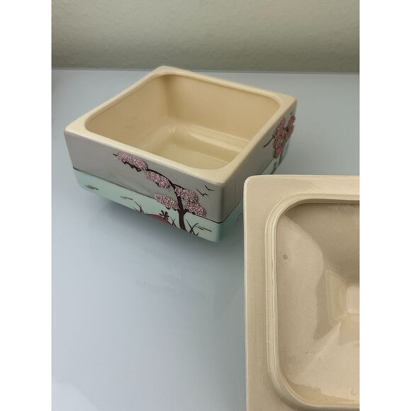 Weil Ware Oriental Cherry Blossom Ceramic Lidded Trinket Box Square Flaws READ - Picture 13 of 16